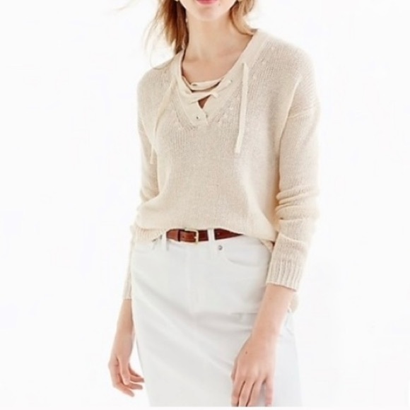 J. Crew Sweaters - HP⭐️ J.Crew Linen Beige Off-White V-Neck Lace Up Knit Long Sleeve Sweater Large
